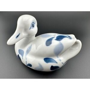 Vintage Painted Blue & White Leaf Decoration,Porcelain Duck Figurine (20th Cen)